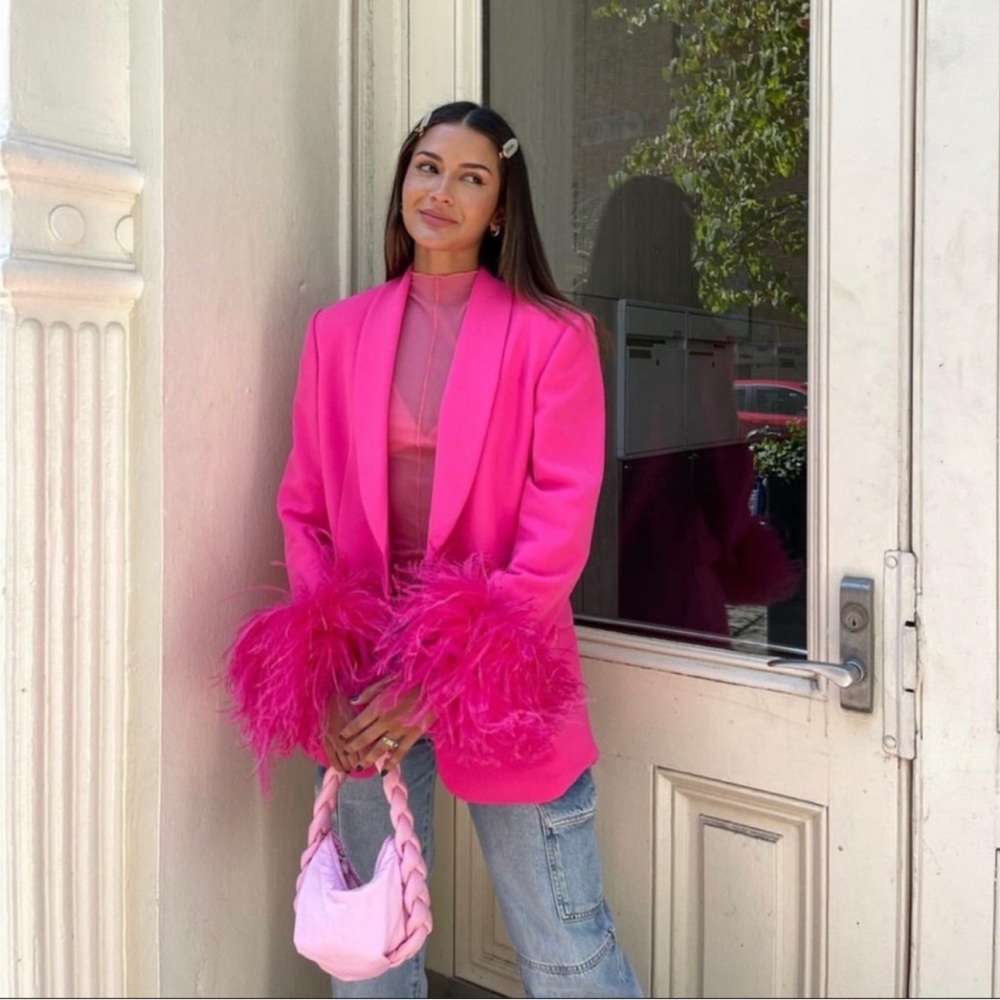 Zara hot pink blazer with feathers. Sold out everywhere